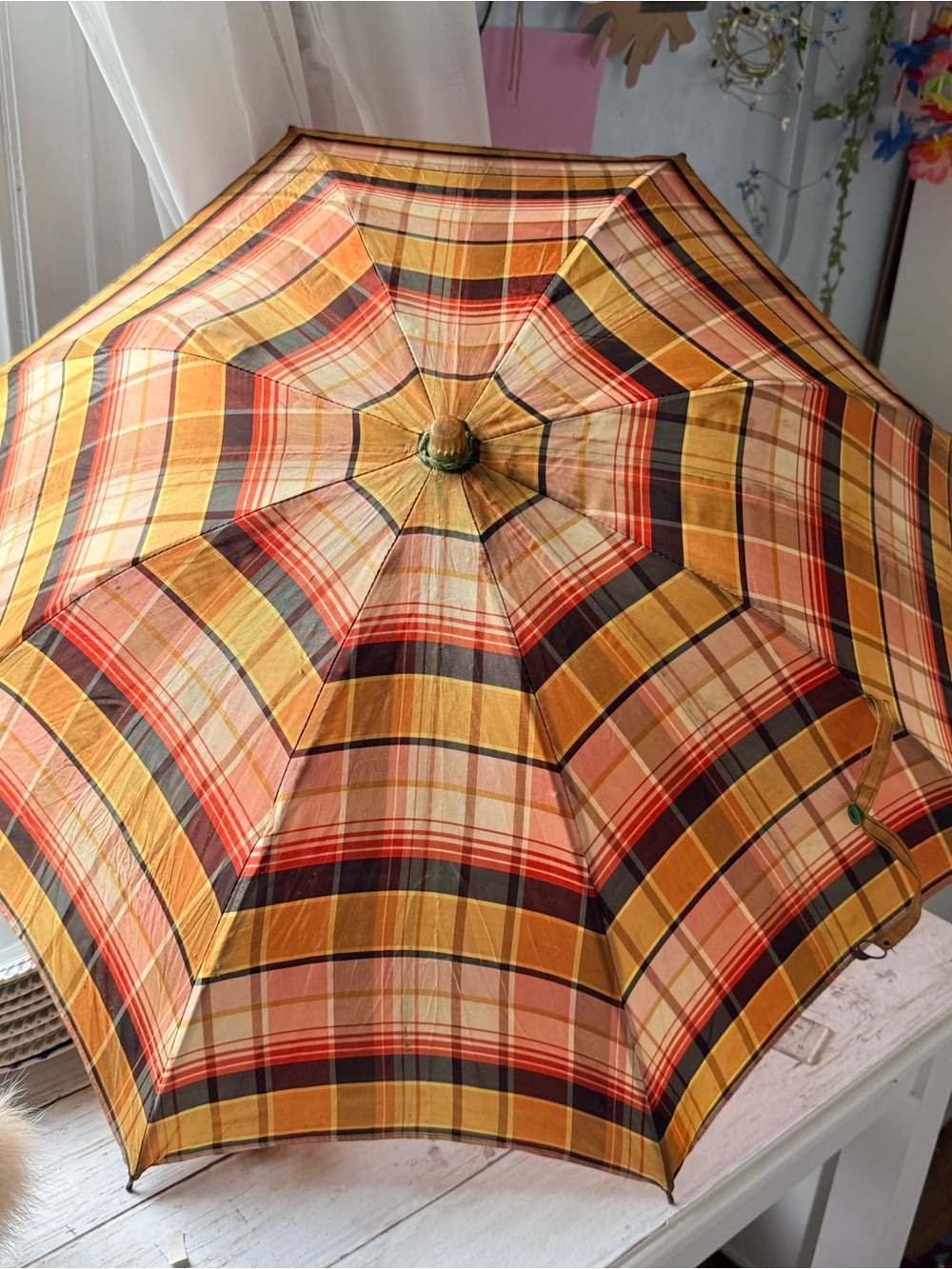 Vintage  Plaid Umbrella in Brown, Tan & Gold Tones